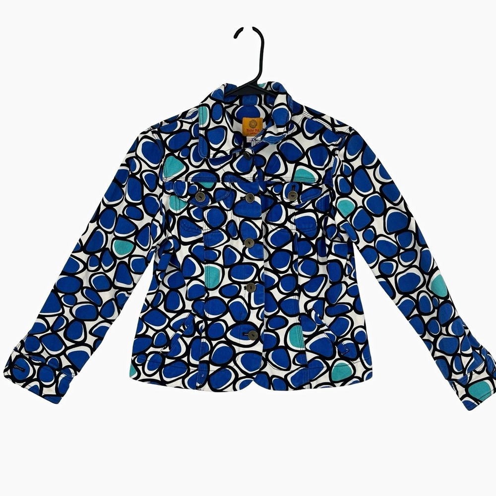 Ruby Rd Petite 10P Denim Jacket Blue Geometric Print Y2K Retro Mod Statement
